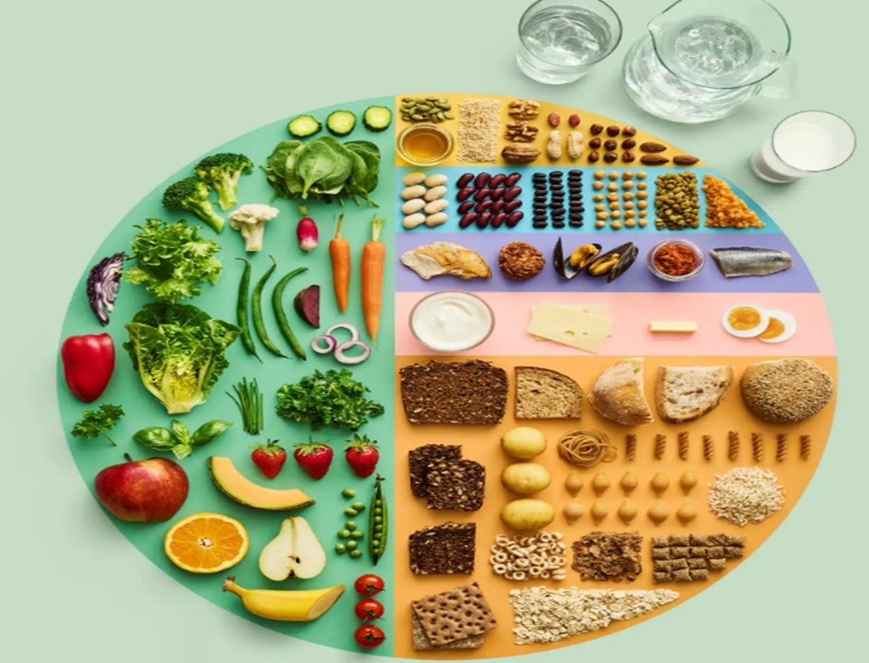 Billede med en masse frugt og snacks